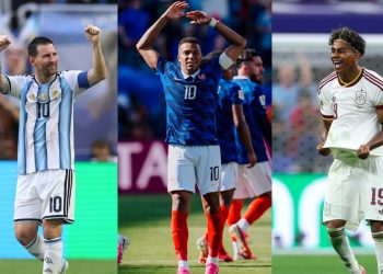 Lionel Messi, Kylian Mbappé et Lamine Yamal (de g. à d). Pages officielles des équipes d'Argentine, de France et d'Espagne sur Facebook