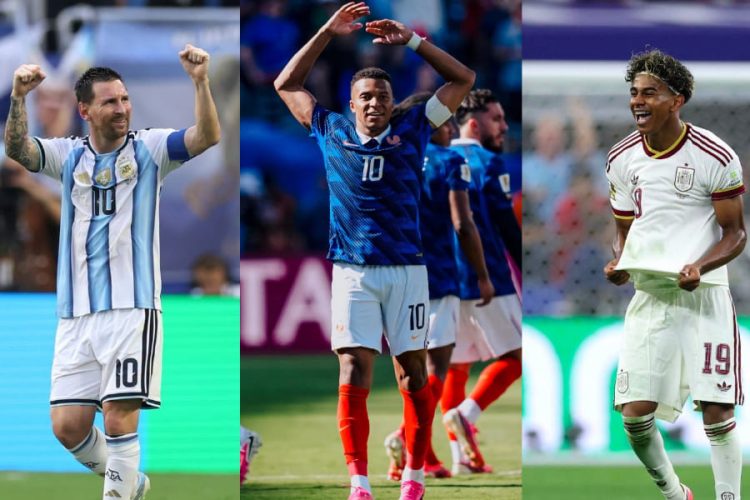Lionel Messi, Kylian Mbappé et Lamine Yamal (de g. à d). Pages officielles des équipes d'Argentine, de France et d'Espagne sur Facebook